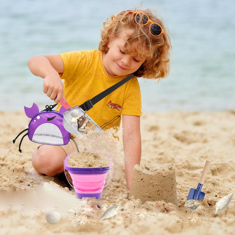 YOOLEETC 4PCS Beach Toy Mesh Shovel and Mesh Beach Bag Seashell Bag with Foldable Beach Bucket & Shovel for Sand Filter & Collect Shells (Purple Crab - Image 4